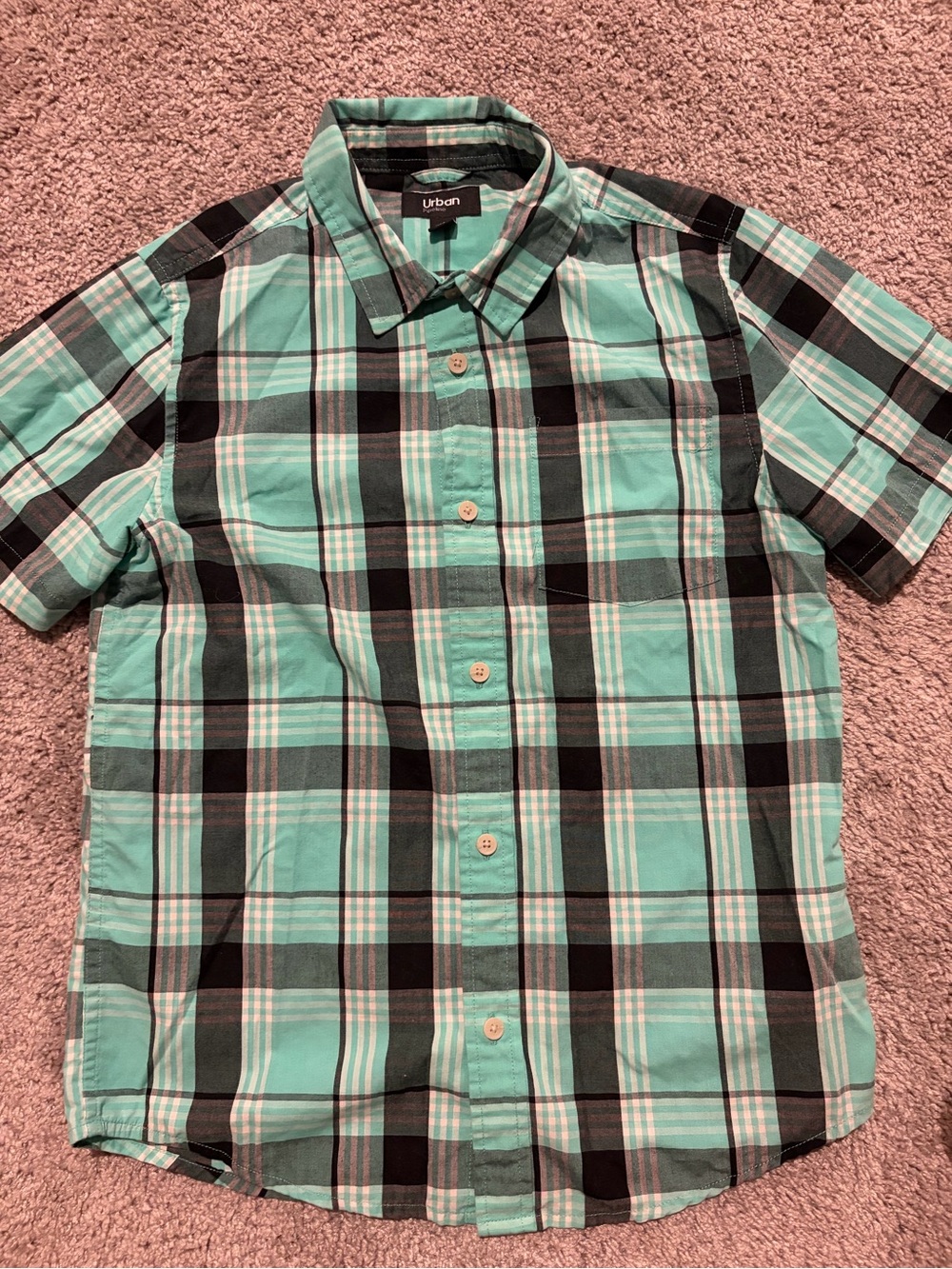 urban pipeline boys's Turquoise and Black Plaid Short-Sleeve Button-Up